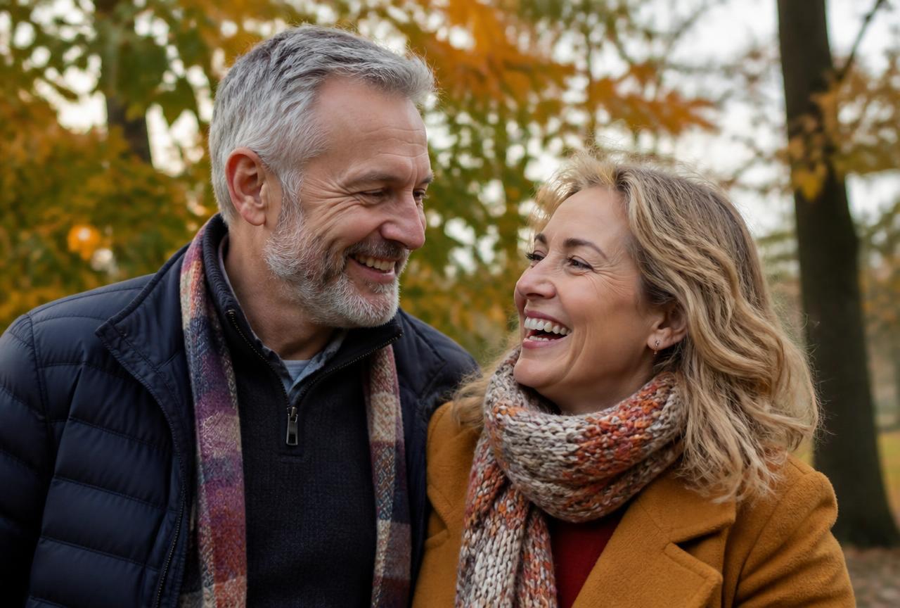 Canadian couple in their fifties laughing together outdoors in autumn