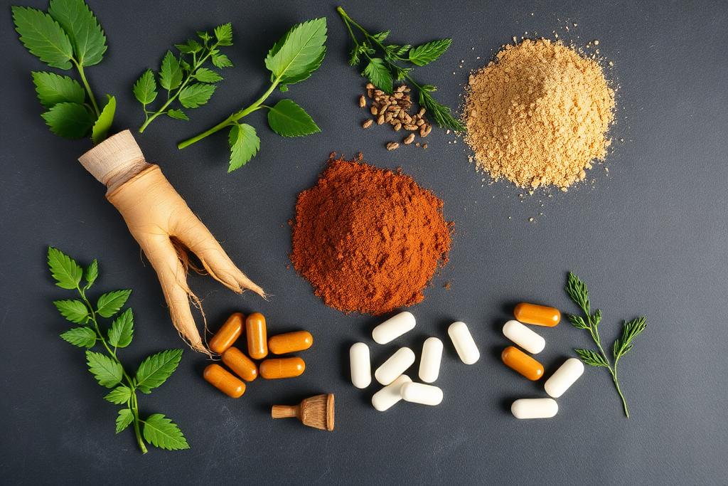 Herbal supplement ingredients including ginseng root, maca powder and capsules