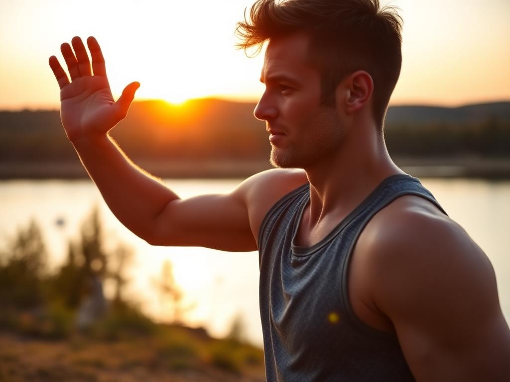 Active man stretching outdoors at sunrise beside a lake