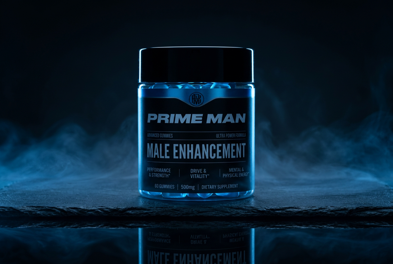 Prime Man Gummies Canada jar photographed on dark slate with blue studio lighting
