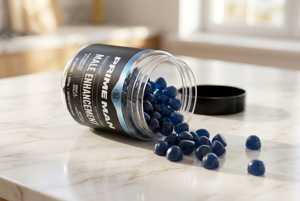 Blue Prime Man gummies spilling from the open jar onto a marble counter