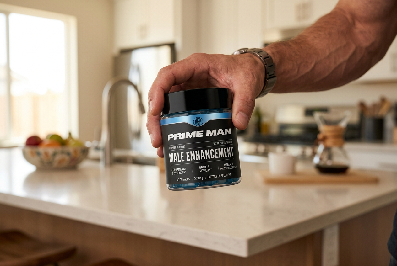 Man holding a jar of Prime Man Gummies in a bright kitchen